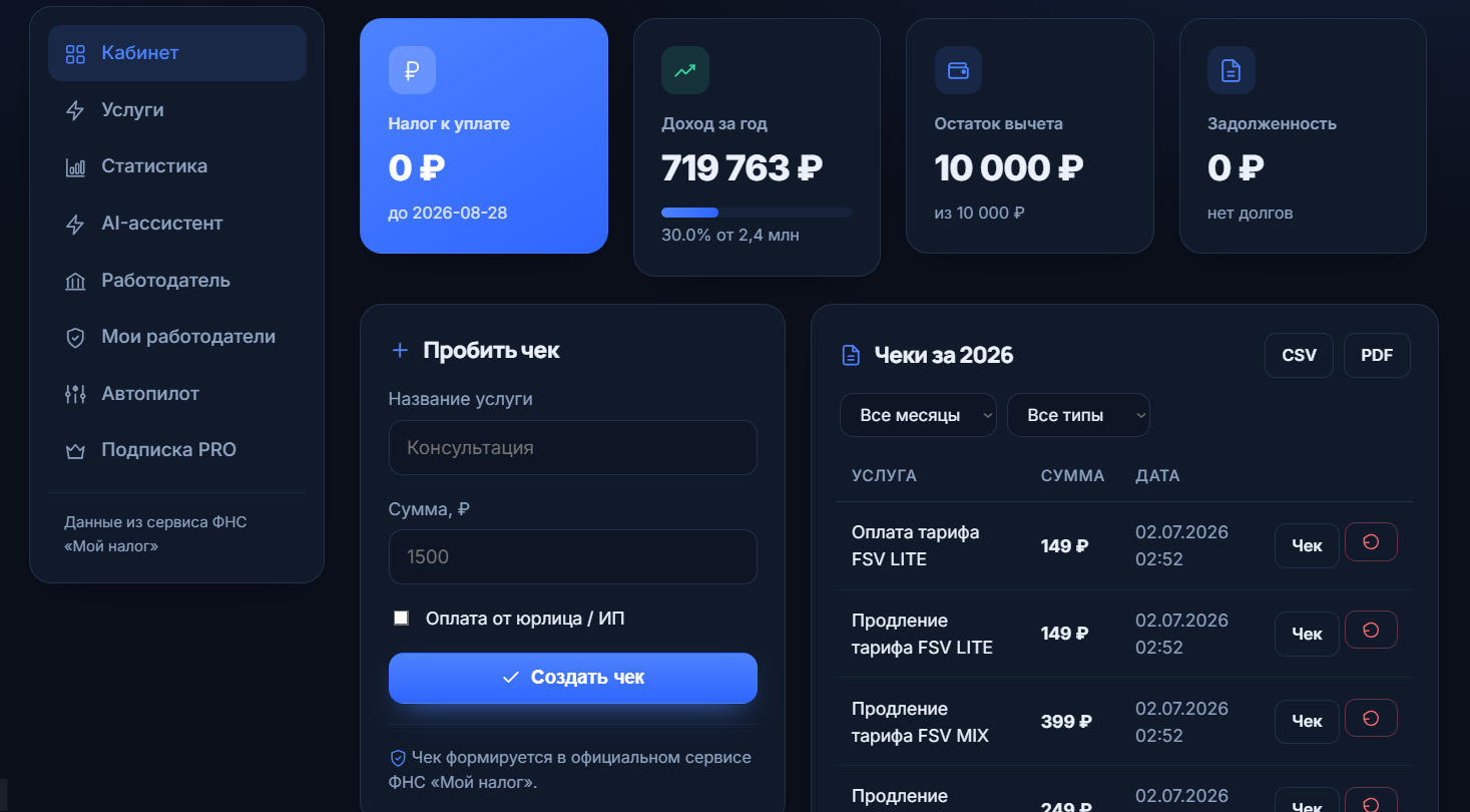 Кабинет НалогЛегко — доход, налог, чеки