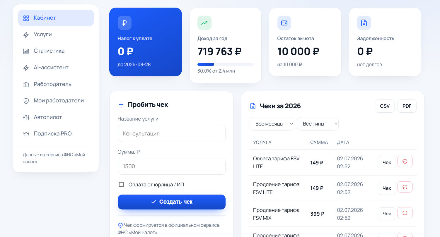 Кабинет НалогЛегко — доход, налог, чеки